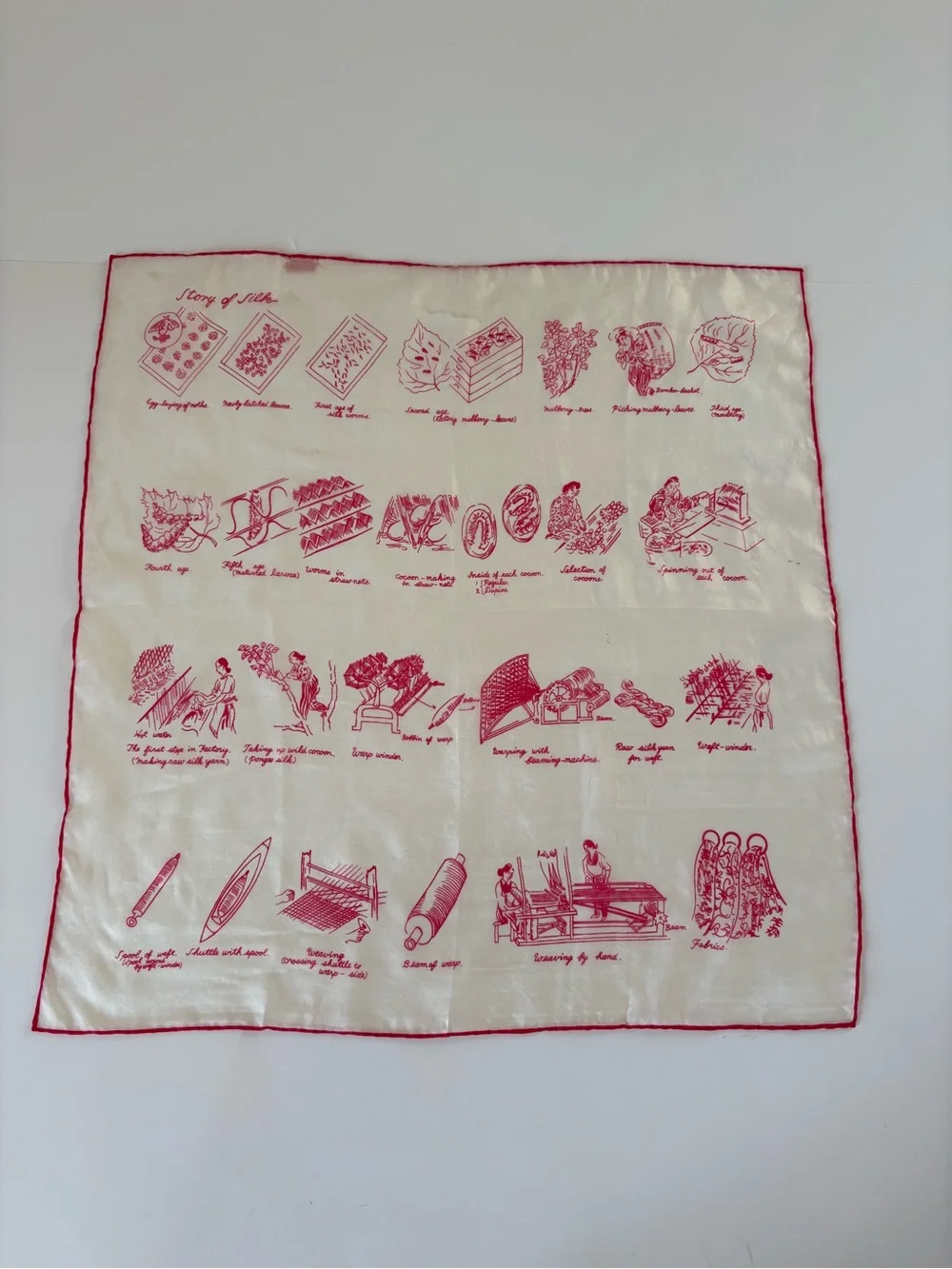 VNTG Story Of Silk White Pink Novelty Print Handkerchief Scarf Silkworm Artsy